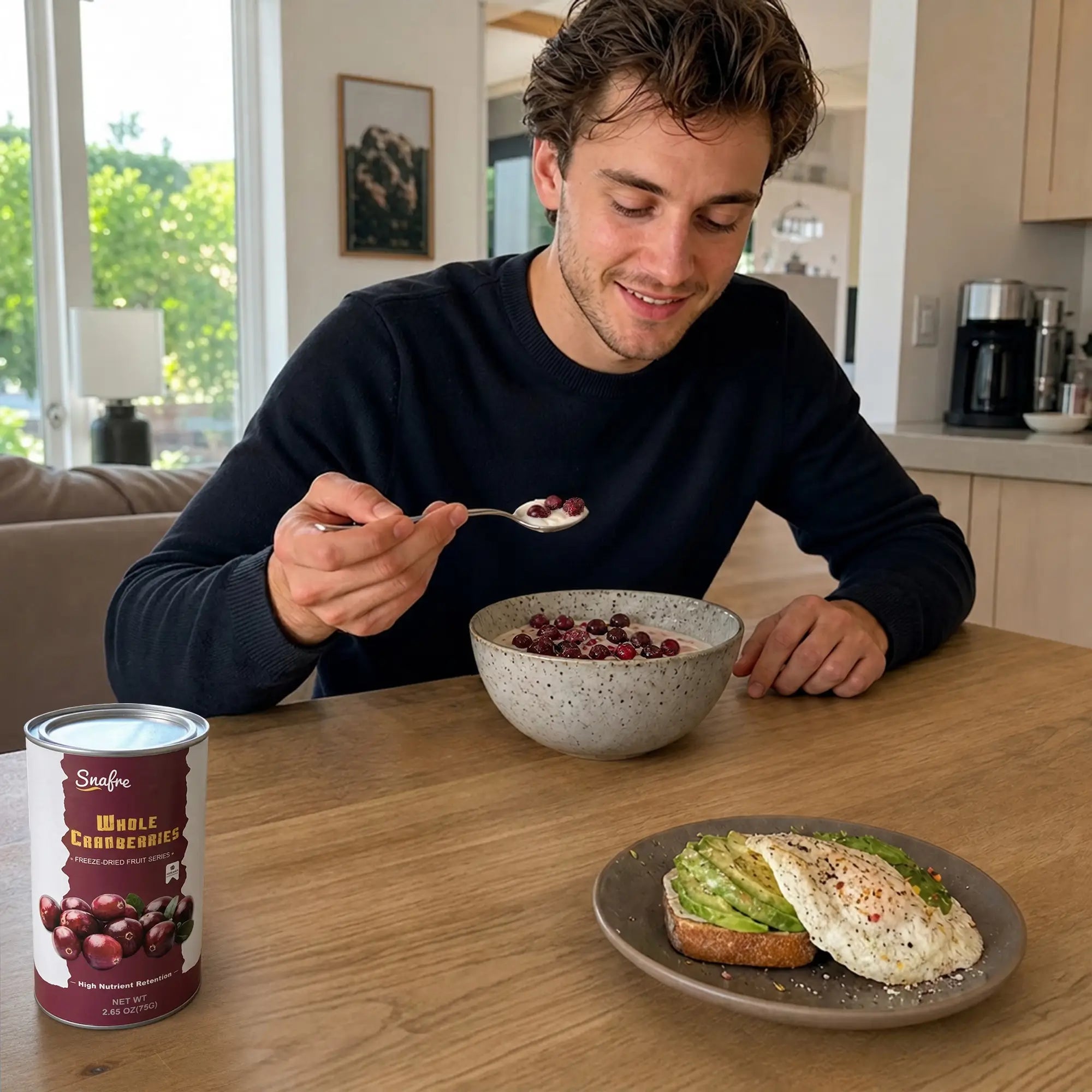 AddingSNAFREfreeze-driedblueberriestoahealthybreakfastbowl