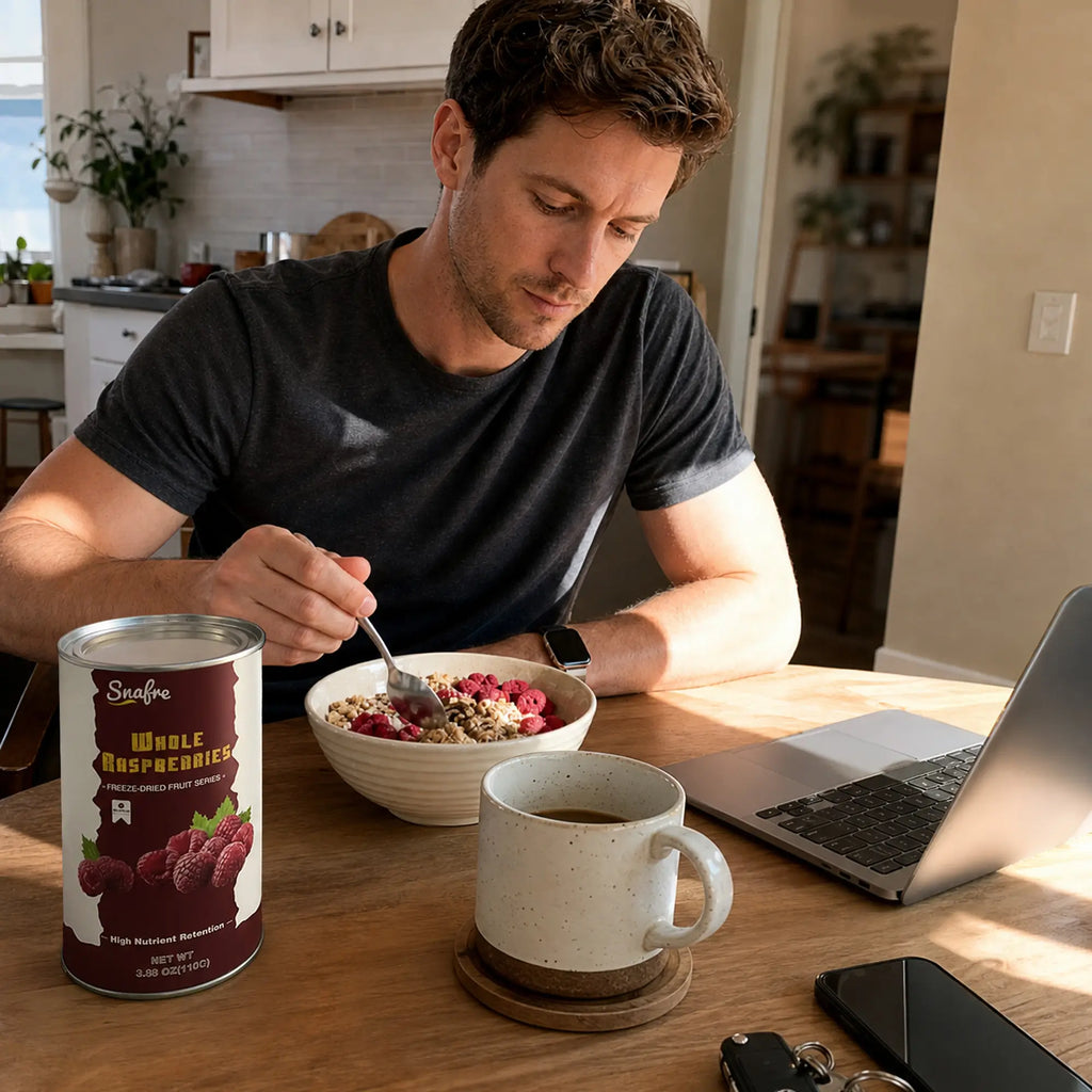 ManeatinghealthybreakfastbowlwithSNAFREwholeraspberries