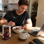 ManeatinghealthybreakfastbowlwithSNAFREwholeraspberries