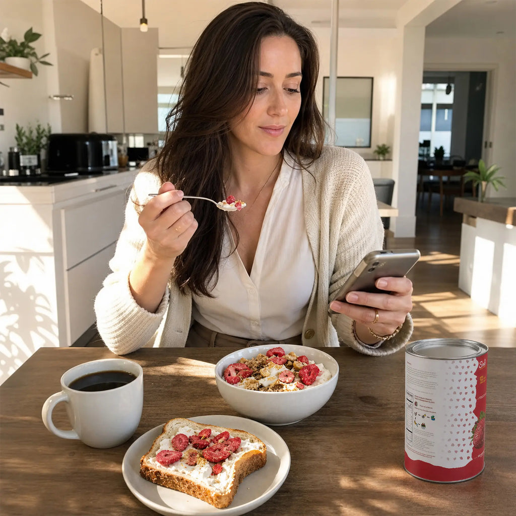 WomanenjoyinghealthybreakfastwithSNAFREstrawberryslicesontoastandyogurt
