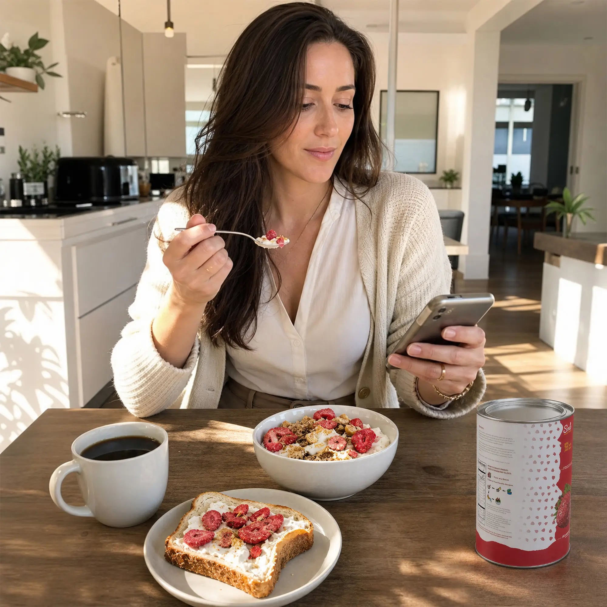 WomanenjoyinghealthybreakfastwithSNAFREstrawberryslicesontoastandyogurt