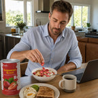 ManeatinghealthybreakfastbowlwithSNAFREfreeze-driedstrawberryslices