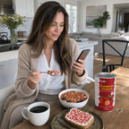 WomanenjoyinghealthybreakfastwithSNAFREstrawberrycrumblesontoast