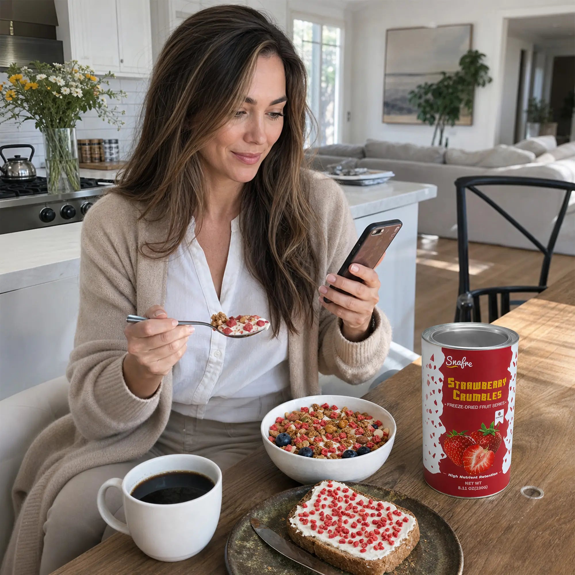 WomanenjoyinghealthybreakfastwithSNAFREstrawberrycrumblesontoast