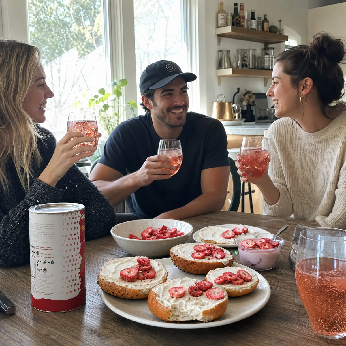 Friends_sharing_healthy_breakfast_and_bagels_with_SNAFRE_strawberry_slices