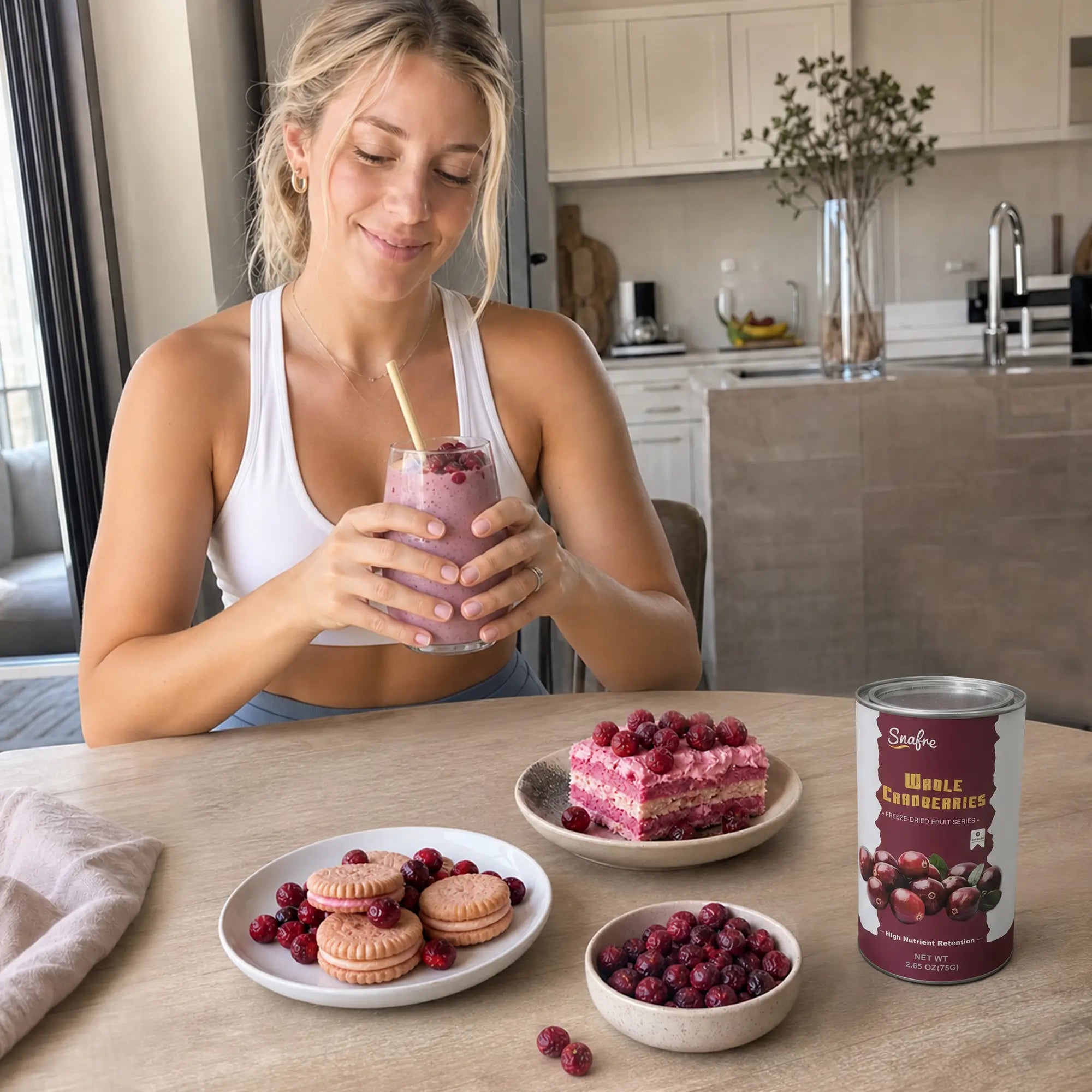 Woman_eating_healthy_yogurt_bowl_with_SNAFRE_blueberries_at_home