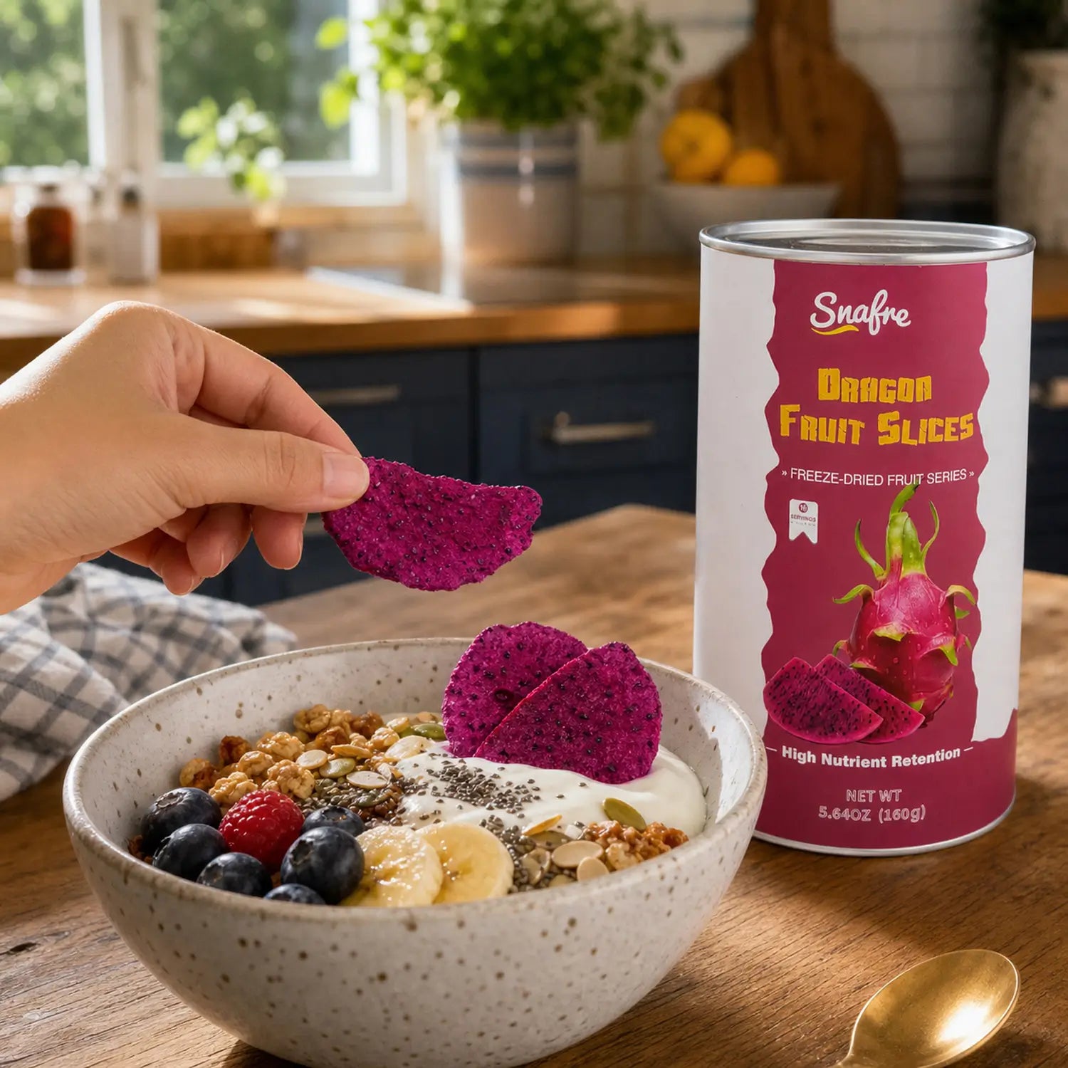 Adding a crispy SNAFRE red dragon fruit slice as a topping on a healthy yogurt bowl