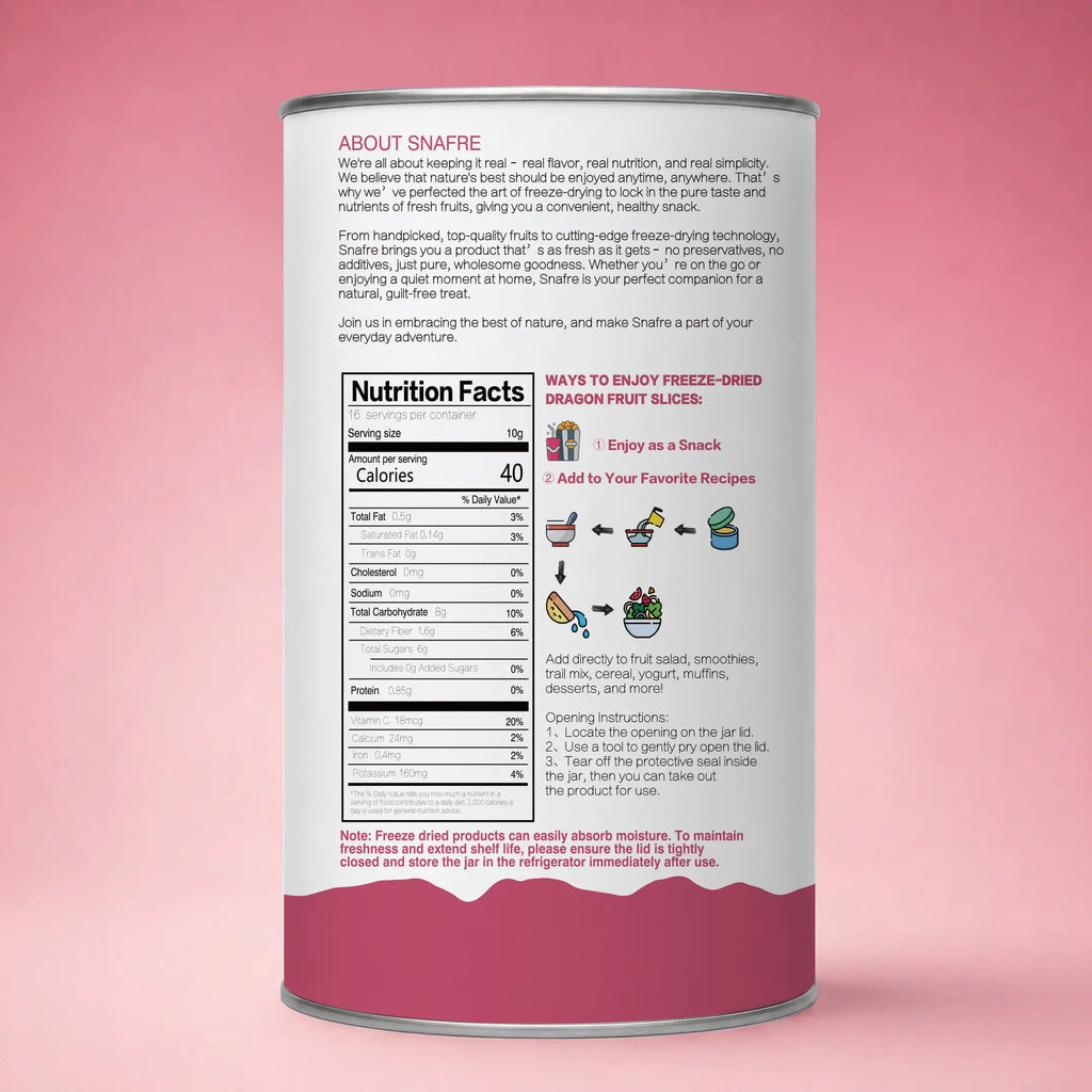 Back view of SNAFRE red dragon fruit slices canister with clean label information