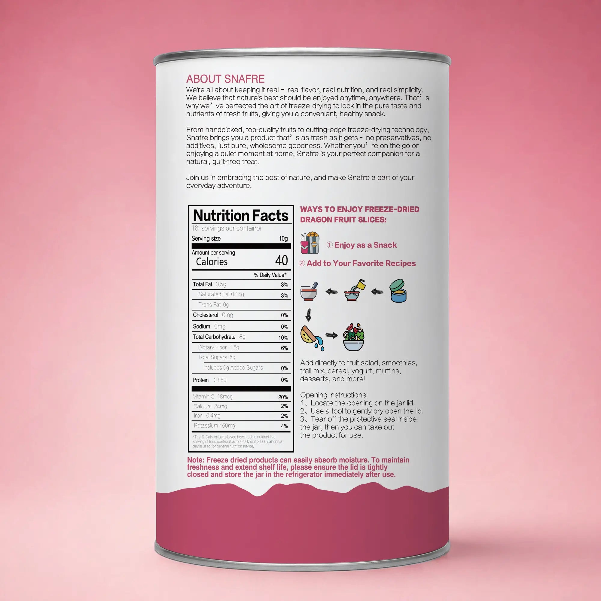 Back view of SNAFRE red dragon fruit slices canister with clean label information