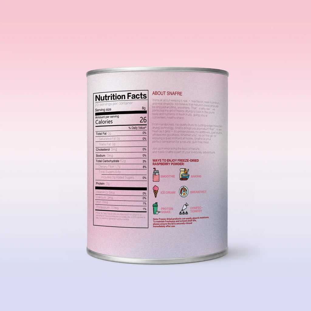 BackviewofSNAFREraspberrypowdercanisterwithnutritioninformation