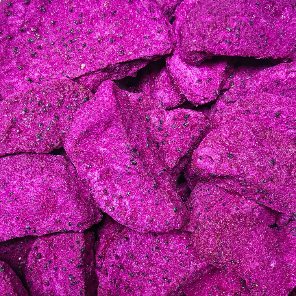 Close-up texture of 100% natural freeze-dried red dragon fruit slices