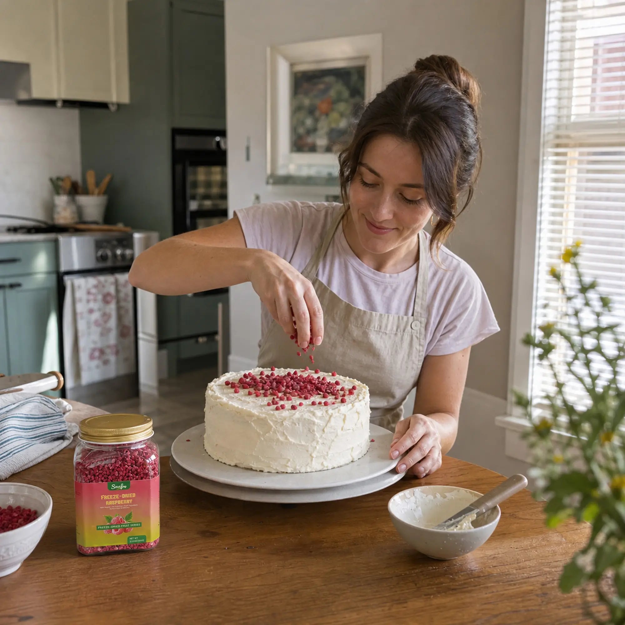 Decorating_homemade_cake_with_SNAFRE_freeze-dried_raspberry_crumble