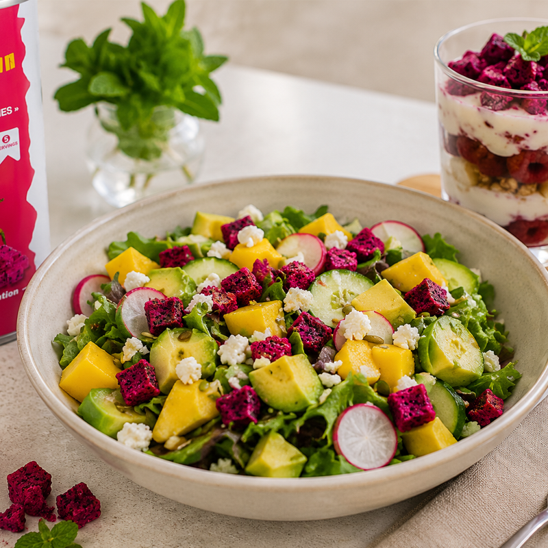 Greek Yogurt Bowl Featuring Freeze-Dried Dragon Fruit Cubes