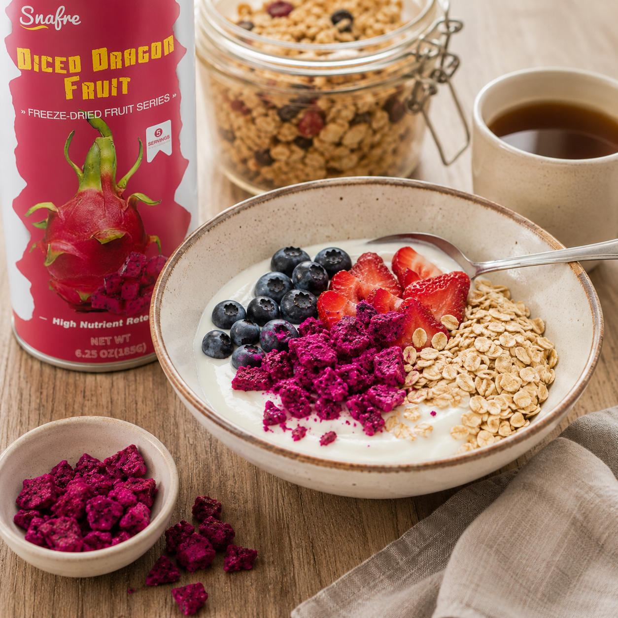 Dragon Fruit Smoothie Bowl Topped with Freeze-Dried Dragon Fruit Cubes