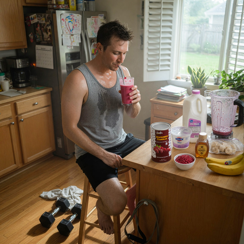 Fitness enthusiast preparing post-workout smoothie with SNAFRE freeze-dried fruit