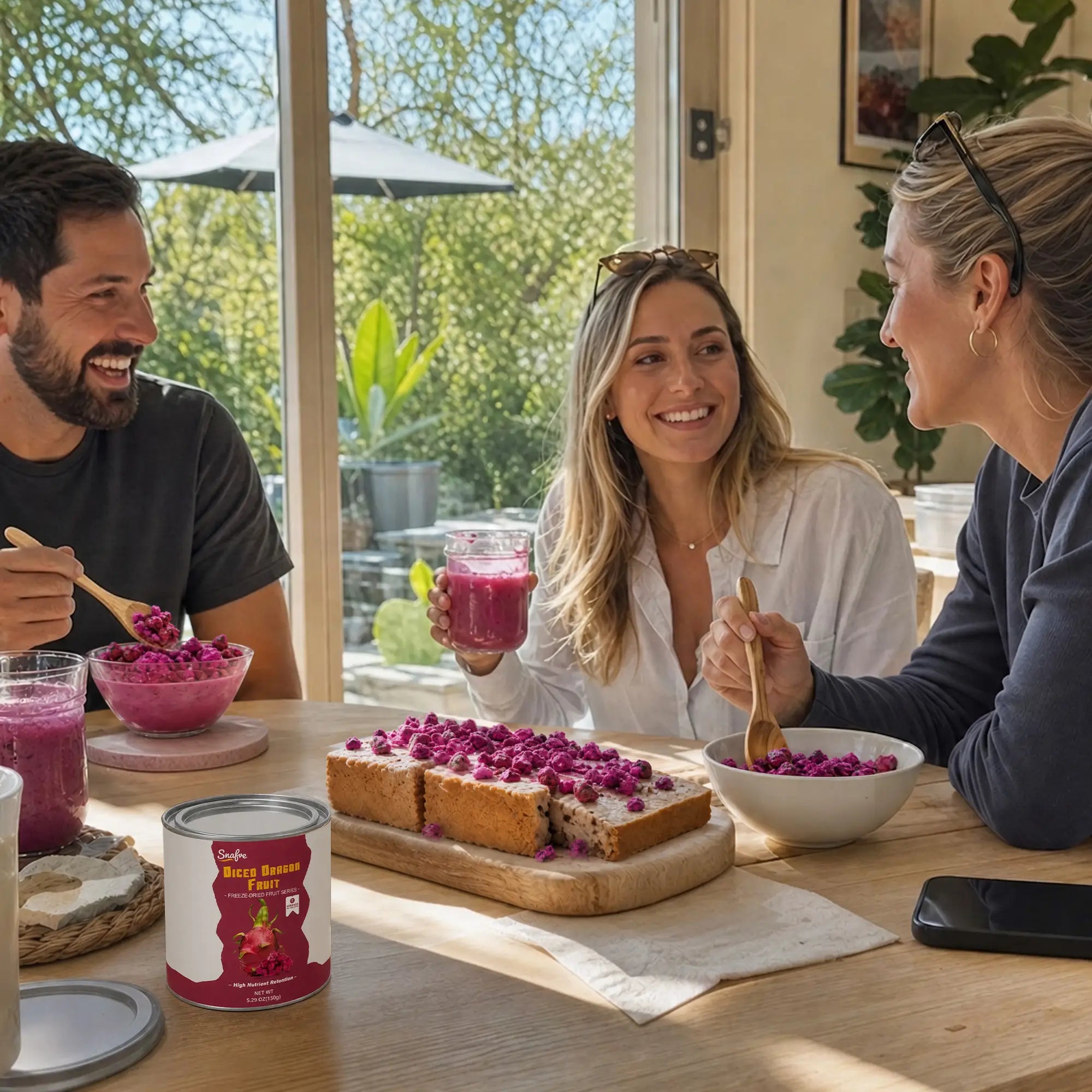 Friends_enjoying_healthy_breakfast_with_SNAFRE_freeze-dried_dragon_fruit_toppings