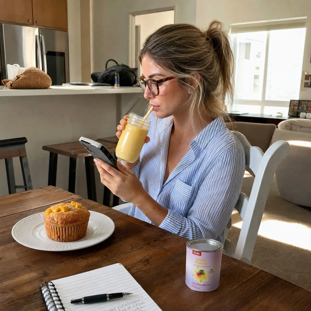 HealthymorningroutinewithSNAFREmangopowdersmoothiedrink