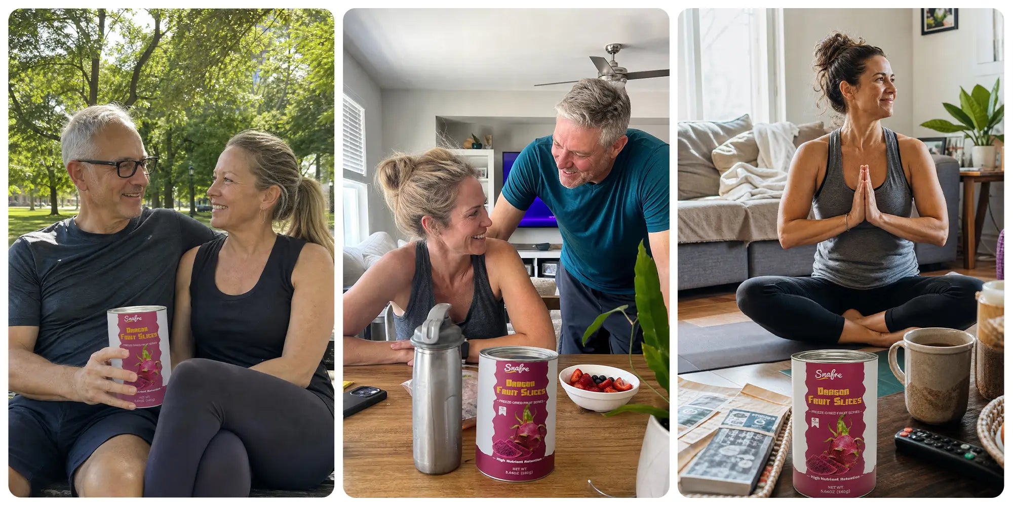 Lifestyle Collage of families and active individuals enjoying SNAFRE red dragon fruit