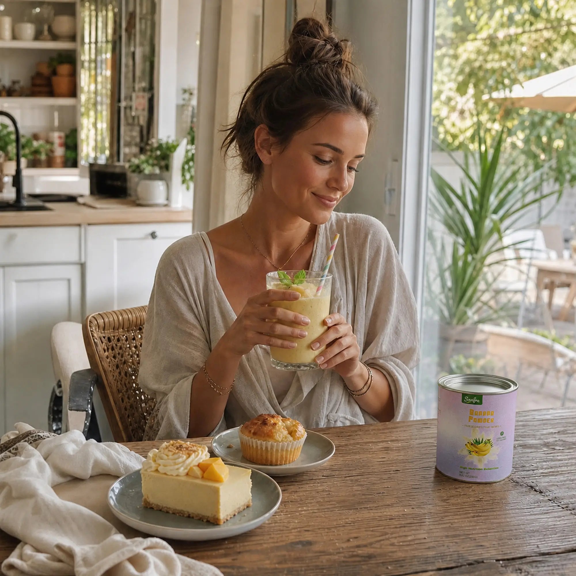 Lifestyle shot of banana powder smoothie and healthy snack