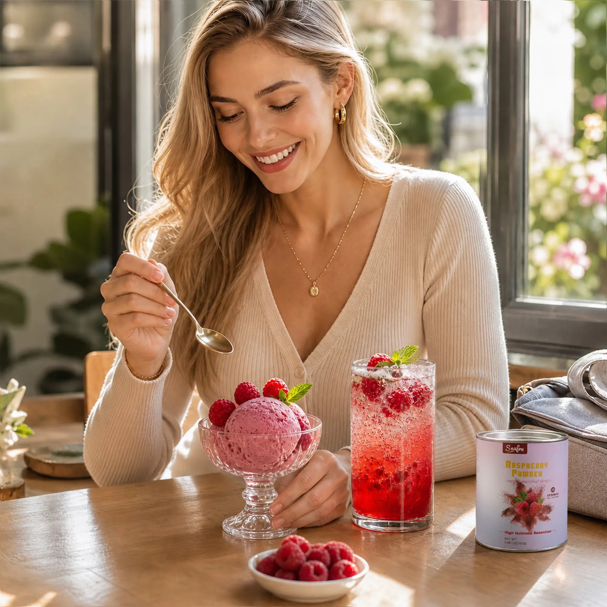 Lifestyle_shot_of_raspberry_powder_smoothie_and_healthy_snack