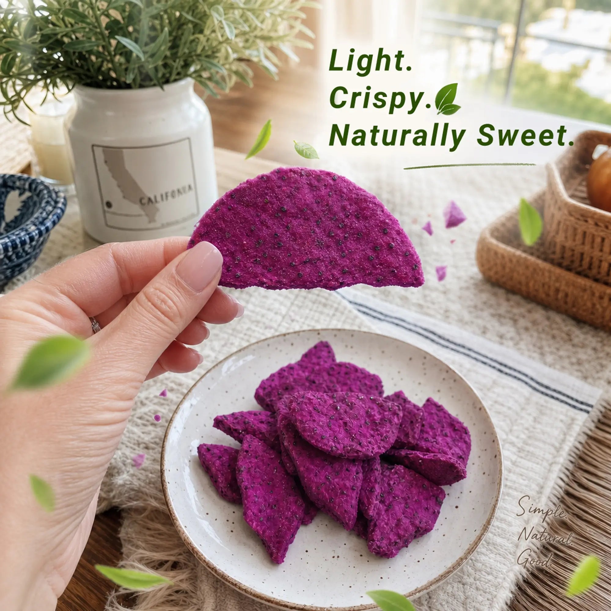Light crispy naturally sweet SNAFRE freeze-dried red dragon fruit slice on plate