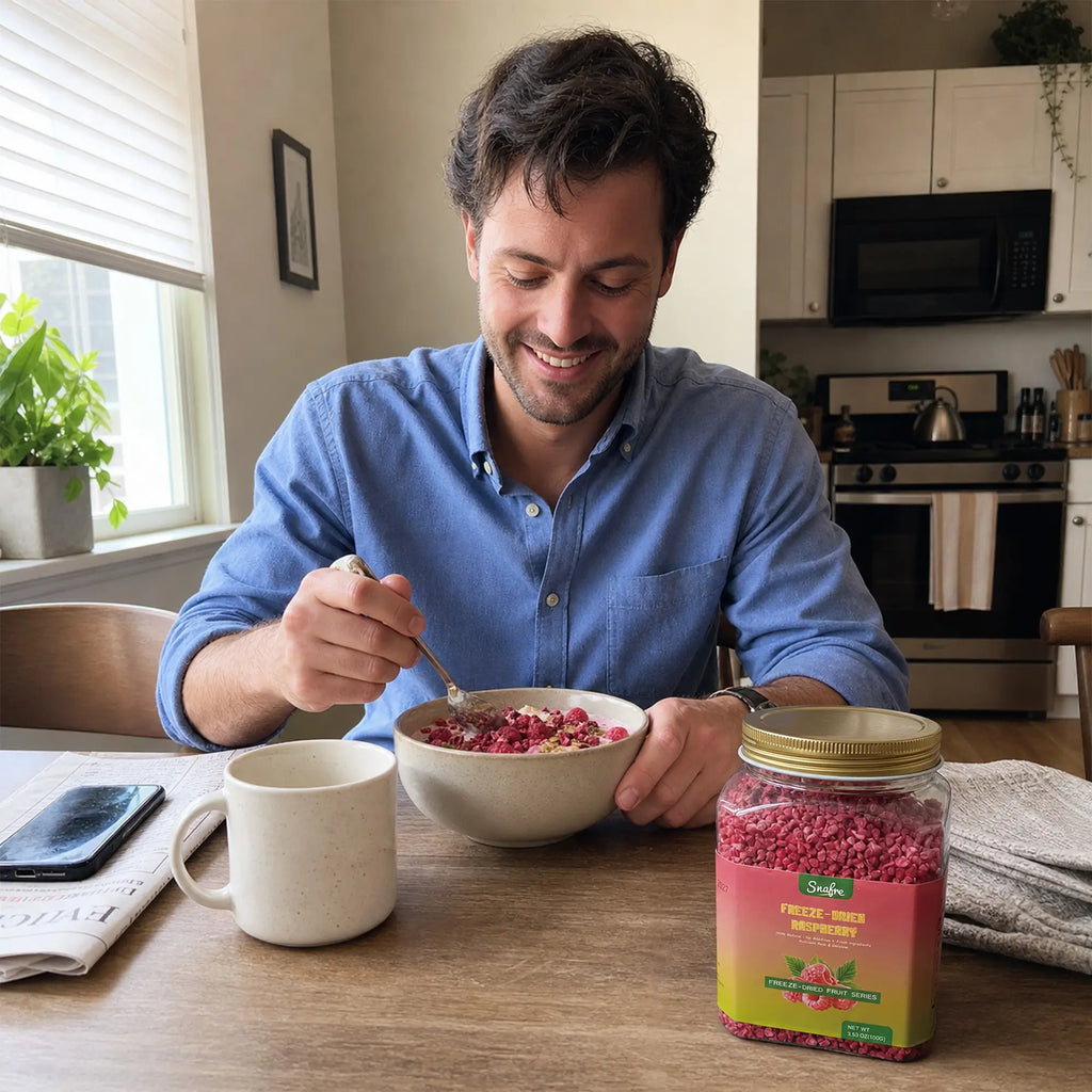 ManenjoyinghealthybreakfastbowlwithSNAFREraspberrycrumble