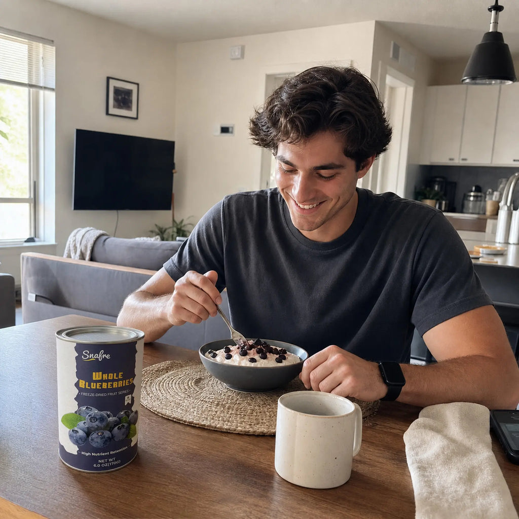 ManenjoyinghealthybreakfastbowlwithSNAFREwholeblueberries