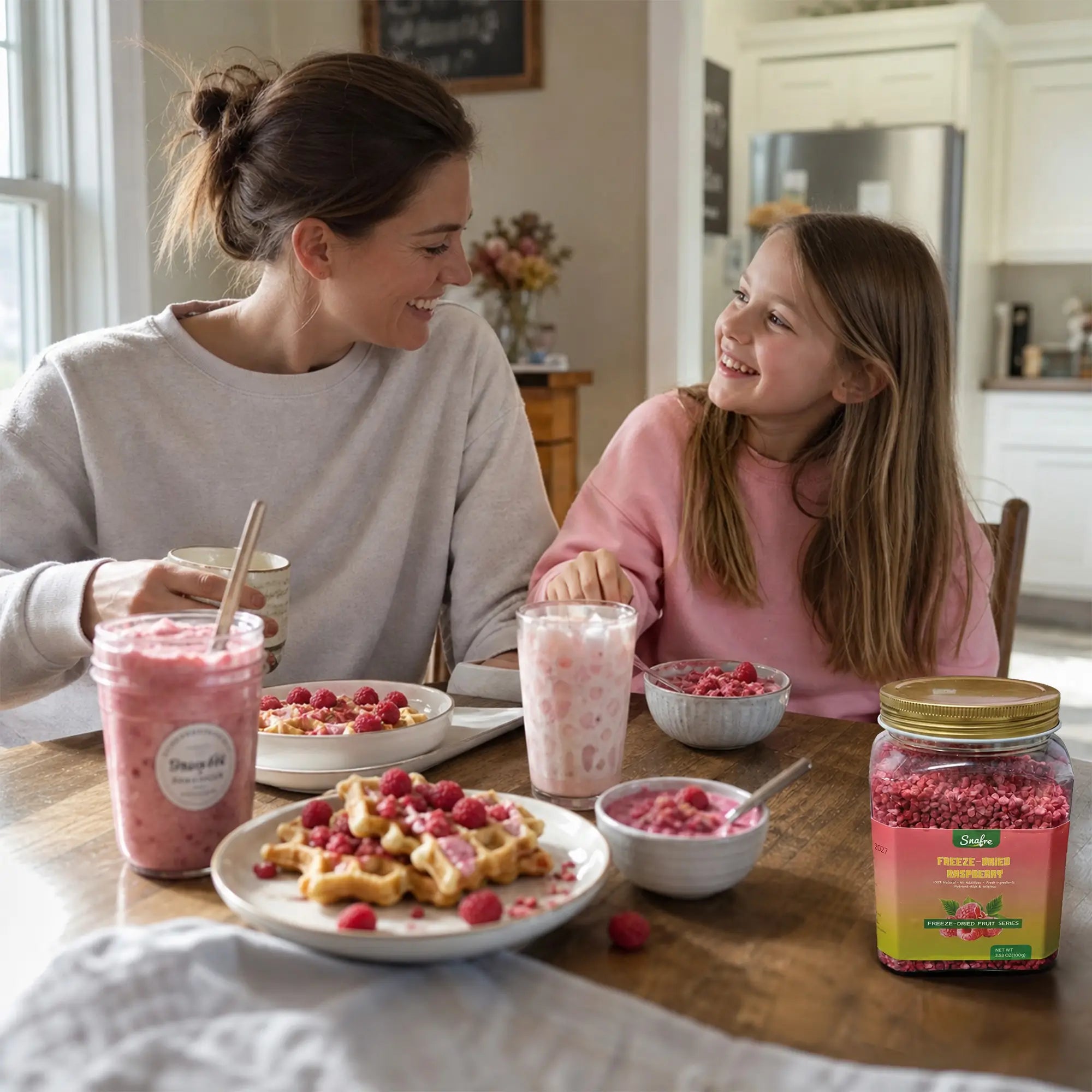 Mother_and_daughter_enjoying_healthy_breakfast_with_raspberry_crumble