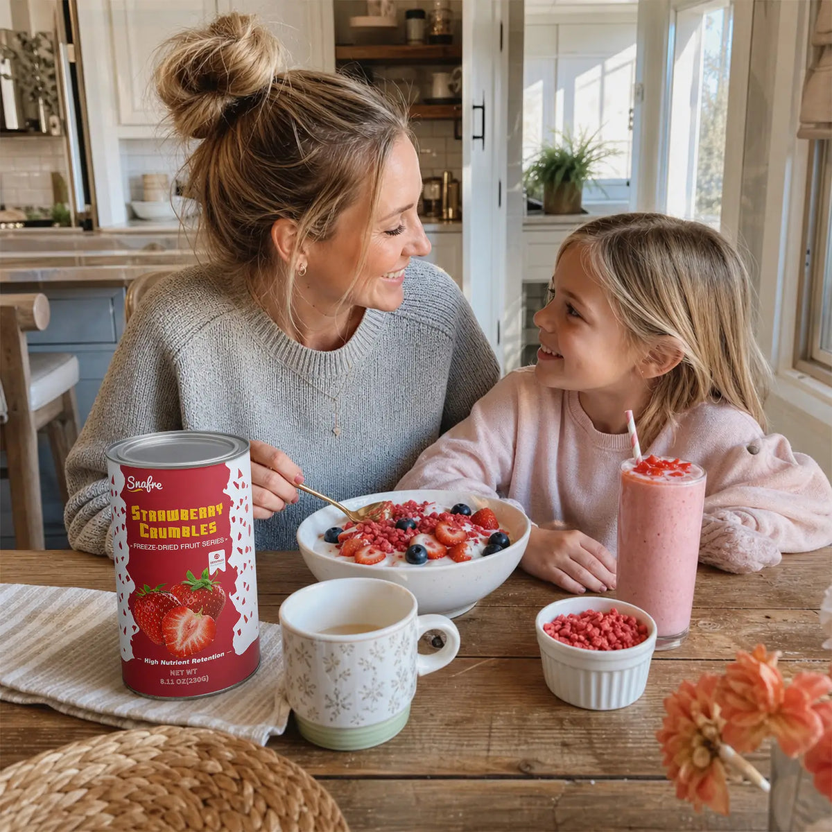 Mother and daughter enjoying yogurt parfaits topped with SNAFRE freeze-dried fruit