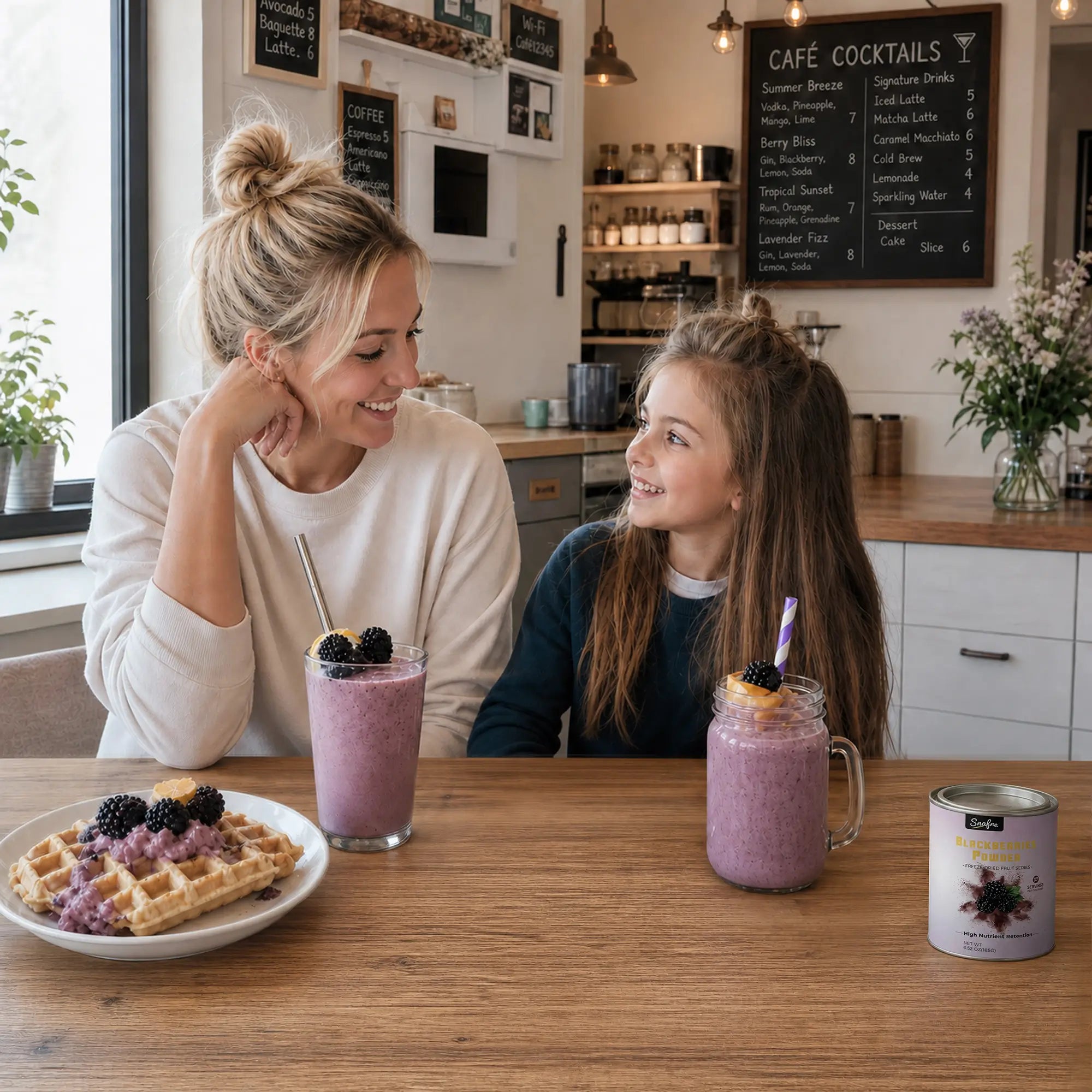 Mother_and_daughter_having_healthy_breakfast_with_blackberry_powder_drink
