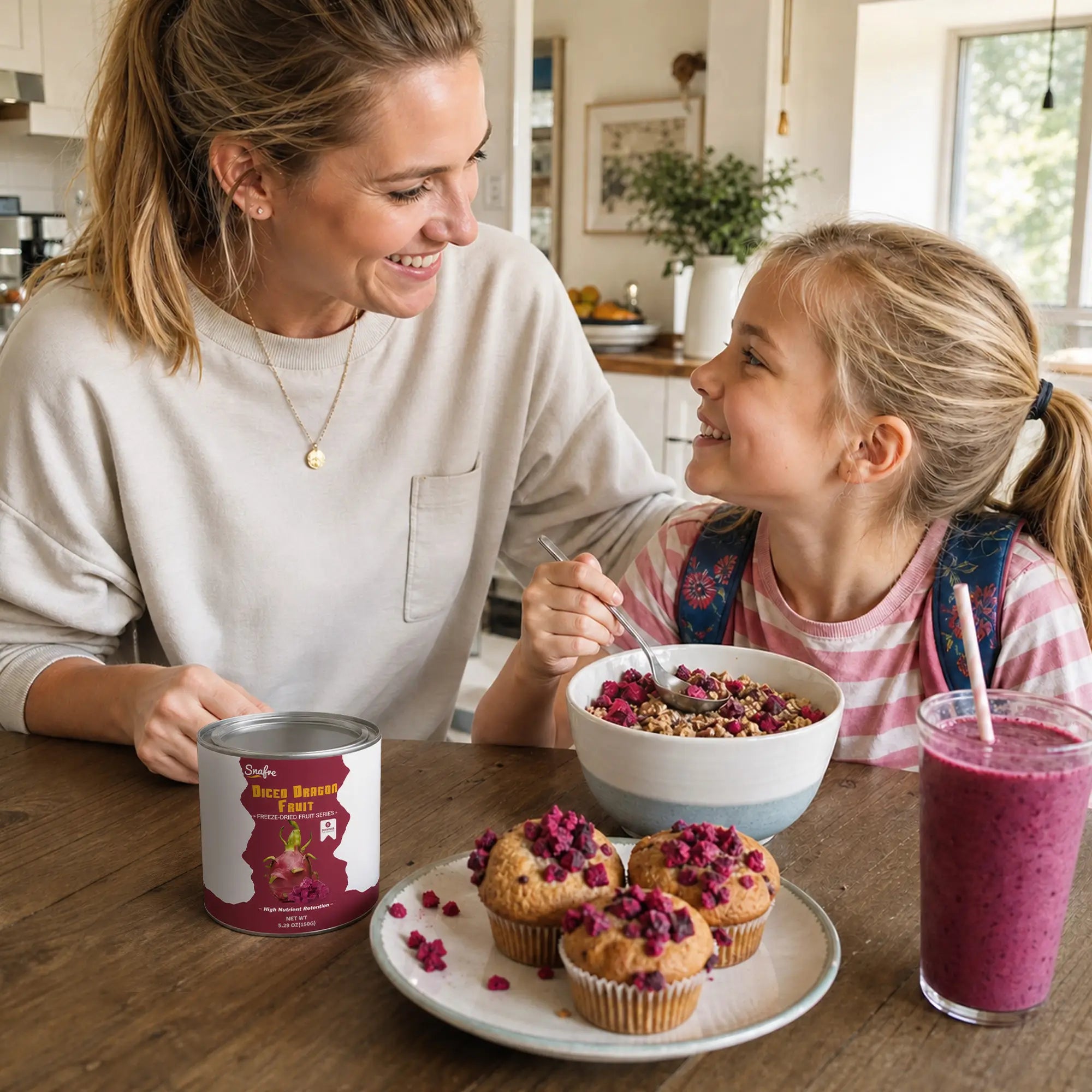 Mother_and_daughter_preparing_healthy_breakfast_with_SNAFRE_dragon_fruit_cubes