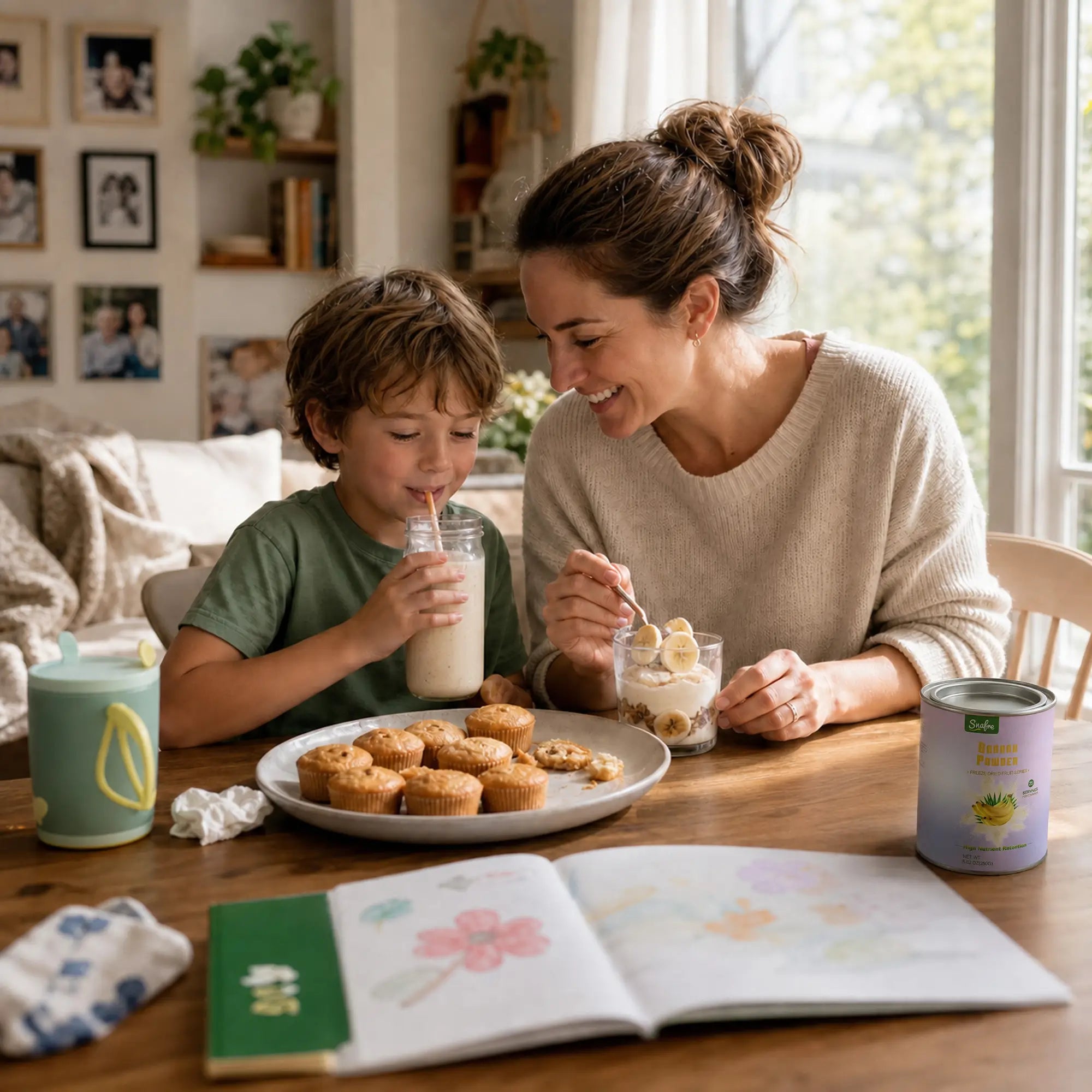 Mother_and_son_enjoying_healthy_breakfast_with_banana_powder_topping