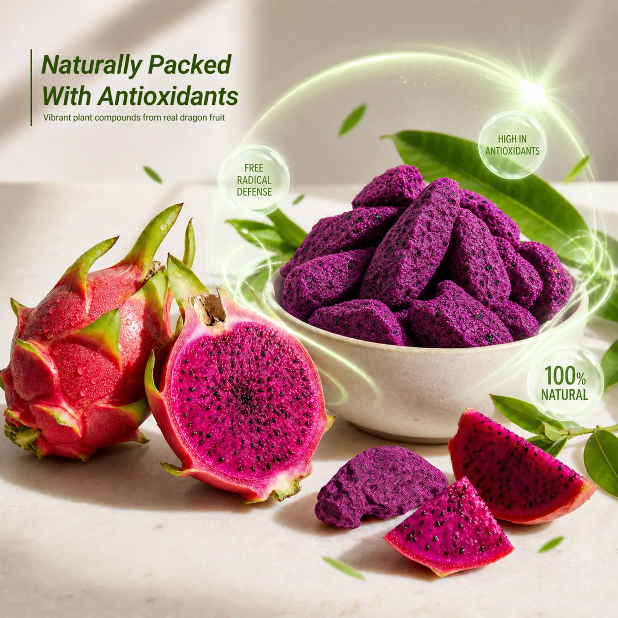 Naturally packed with antioxidants, fresh and freeze-dried red dragon fruit slices