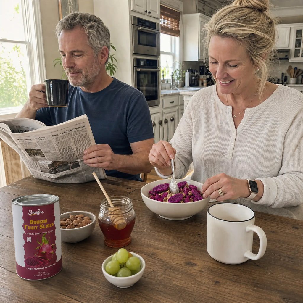 Older couple enjoying healthy morning breakfast with SNAFRE red dragon fruit slices