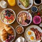 Overhead view of healthy breakfast spread with SNAFRE freeze-dried fruit topping bowls