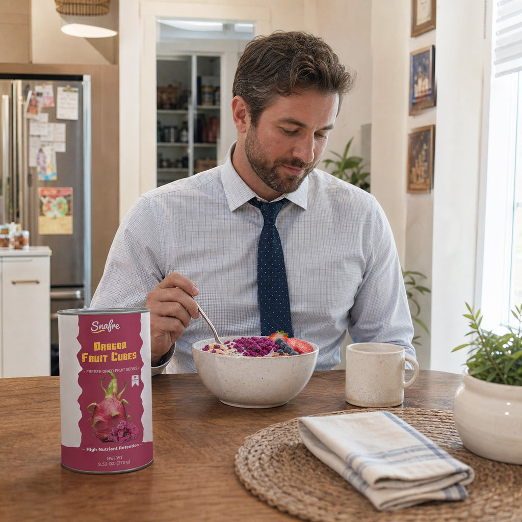 Professional man enjoying healthy breakfast bowl with SNAFRE freeze-dried fruit crumbles