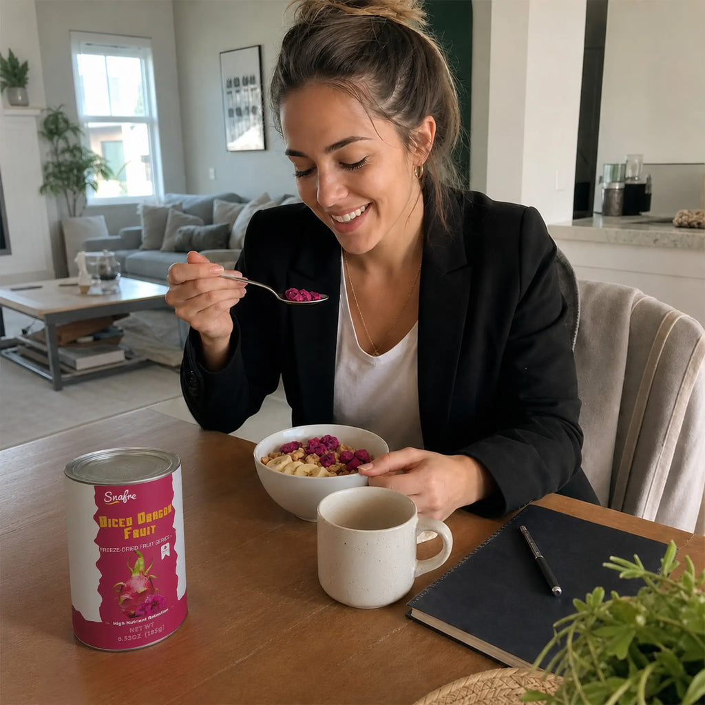 ProfessionalwomaneatinghealthybreakfastbowlwithSNAFREdragonfruit