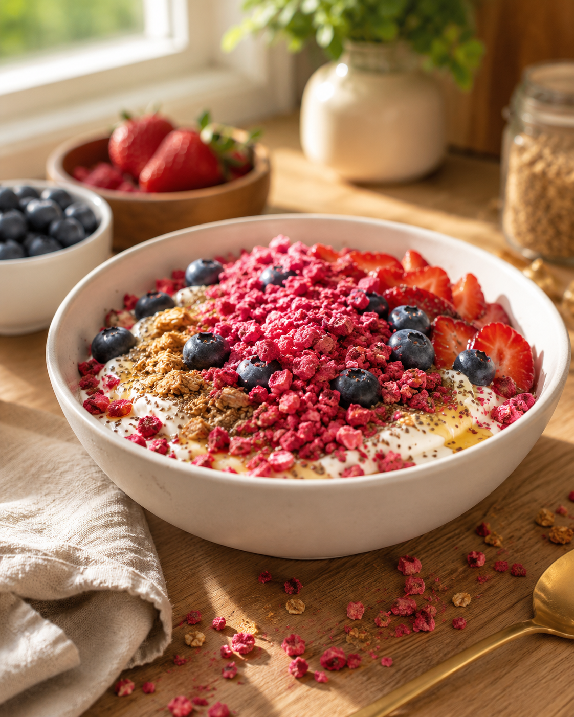Smoothie Bowl Featuring Freeze-Dried Raspberry Crumble