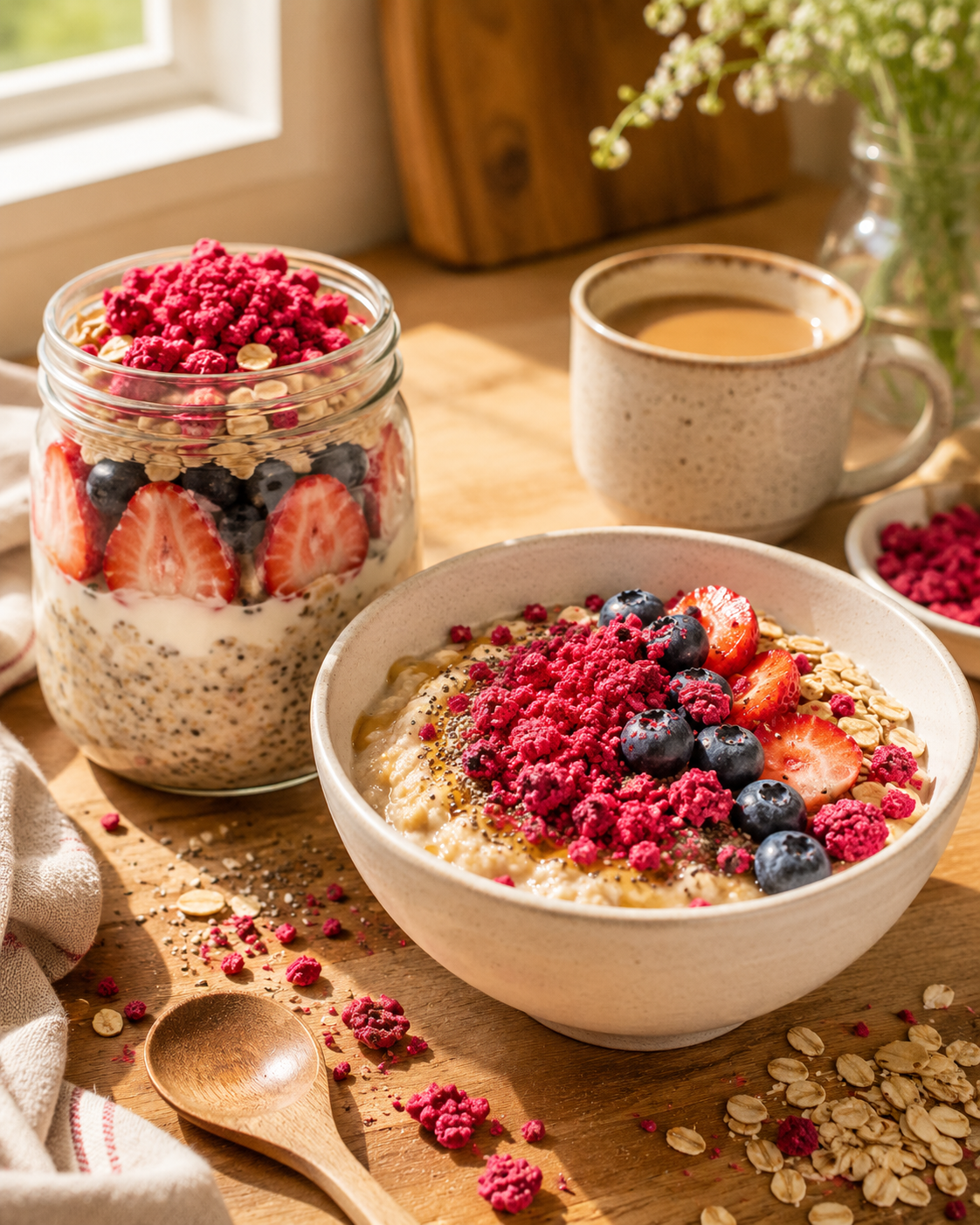 Overnight Oats Finished with Freeze-Dried Raspberry Crumble