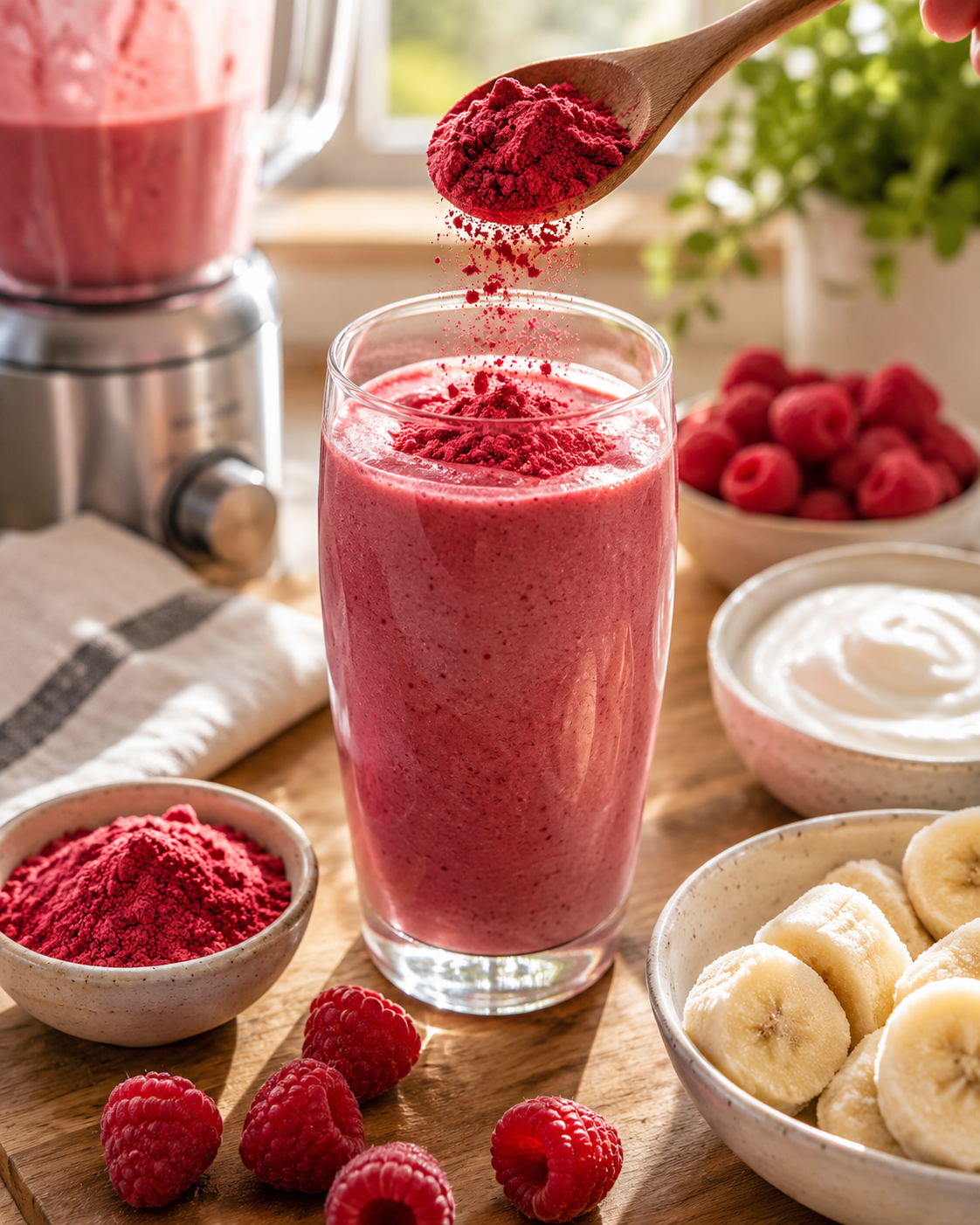 Protein Shake Mixed with Freeze-Dried Raspberry Powder