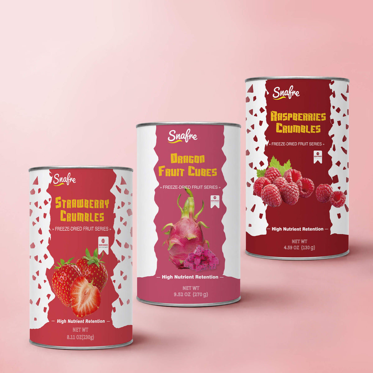 SNAFRE Better Mornings Bundle featuring 3 freeze-dried fruit crumbles in off-white canisters