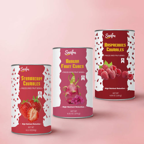 SNAFRE Better Mornings Bundle featuring 3 freeze-dried fruit crumbles in off-white canisters