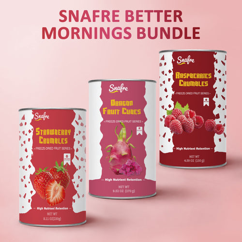 SNAFRE Better Mornings Bundle featuring 3 freeze-dried fruit crumbles in off-white canisters