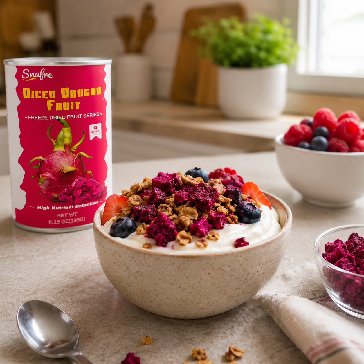 SNAFRE Freeze-Dried Dragon Fruit Cubes for Smoothie Bowls and Breakfasts