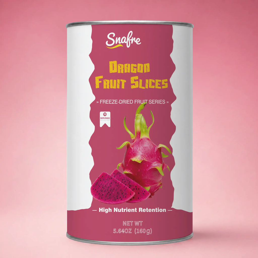 SNAFRE premium freeze-dried red dragon fruit slices in modern off-white canister