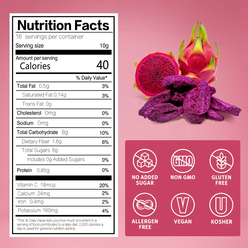 SNAFRE red dragon fruit slices nutrition facts and clean label certifications