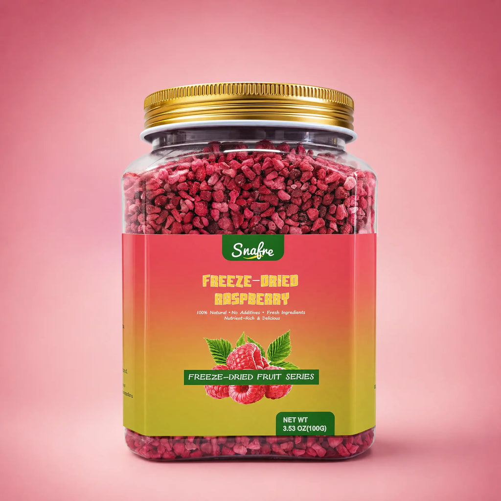 SNAFREfreeze-driedraspberrycrumble100ginpremiumclearjarpackaging