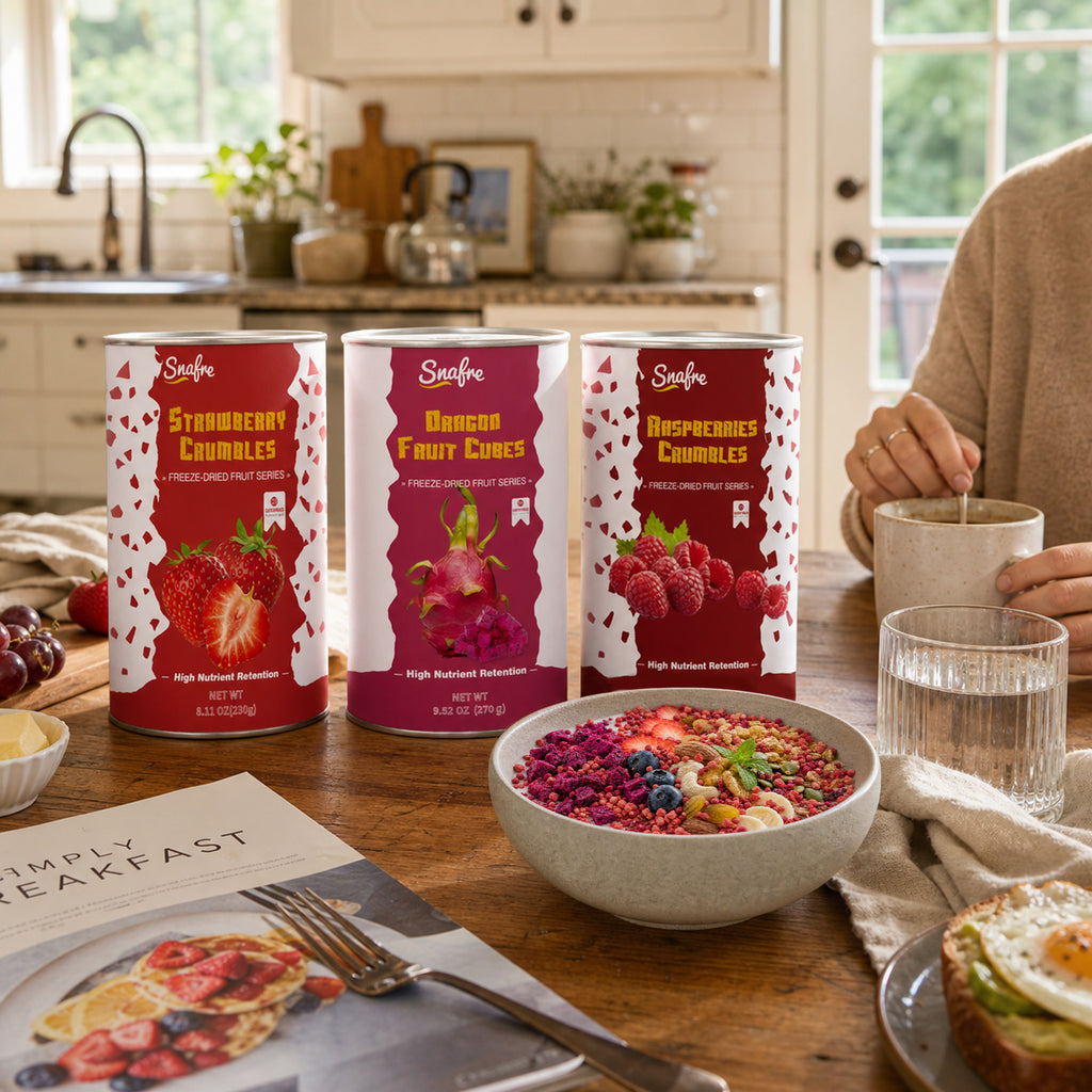 Three SNAFRE freeze-dried fruit crumble canisters styled with healthy breakfast bowls