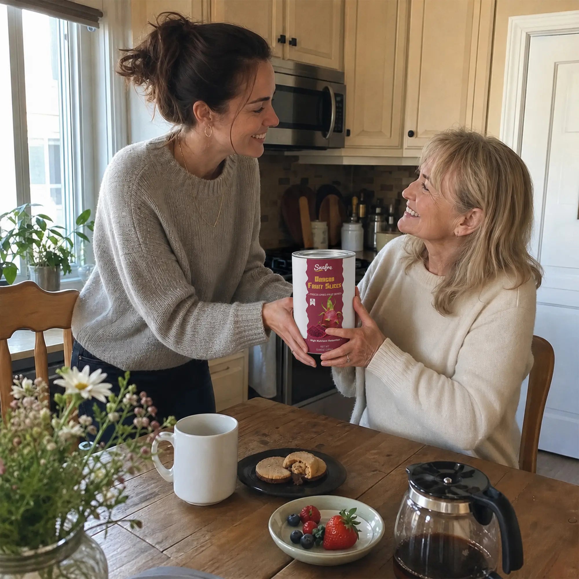 Two women sharing a canister of SNAFRE freeze-dried red dragon fruit slices as a gift