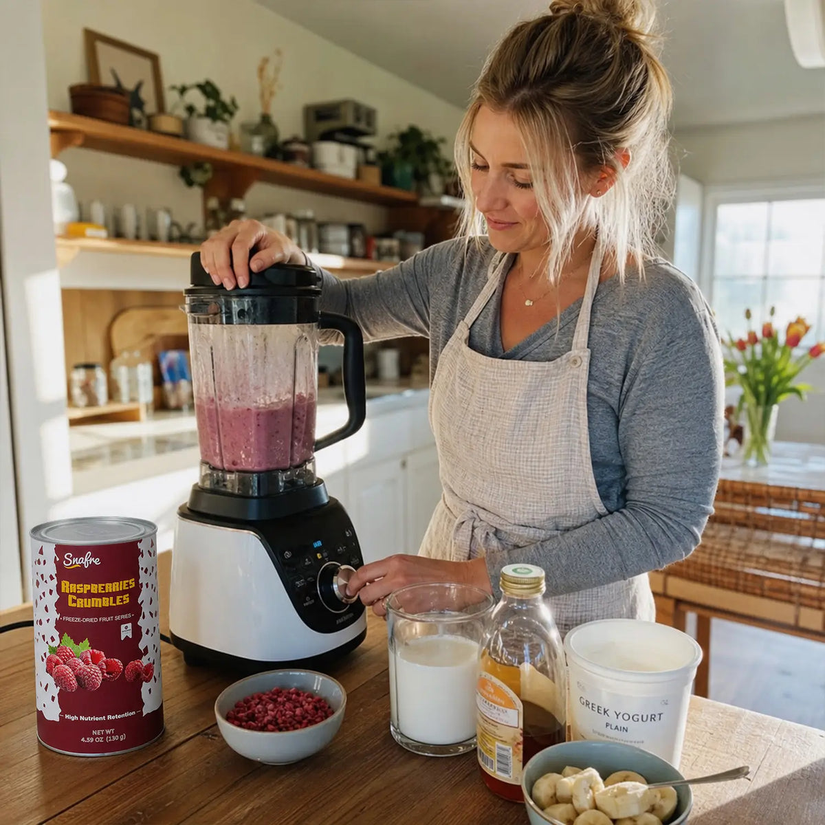 Woman blending healthy smoothie with SNAFRE freeze-dried fruit crumbles in kitchen